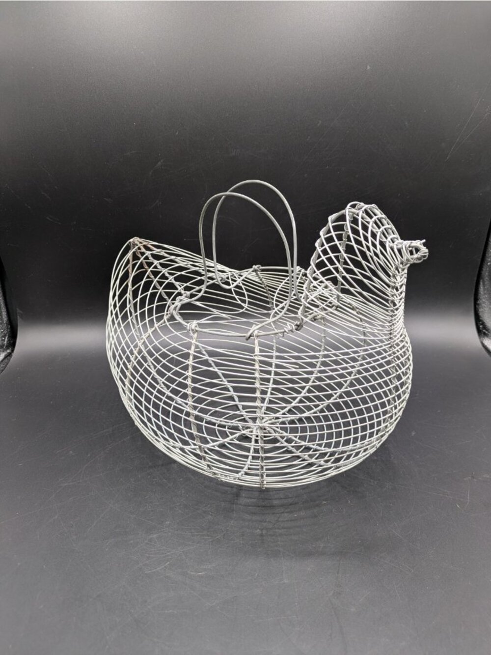 Vintage Wire Metal Egg Basket Hen Chicken With Handles Silver Tone 11"